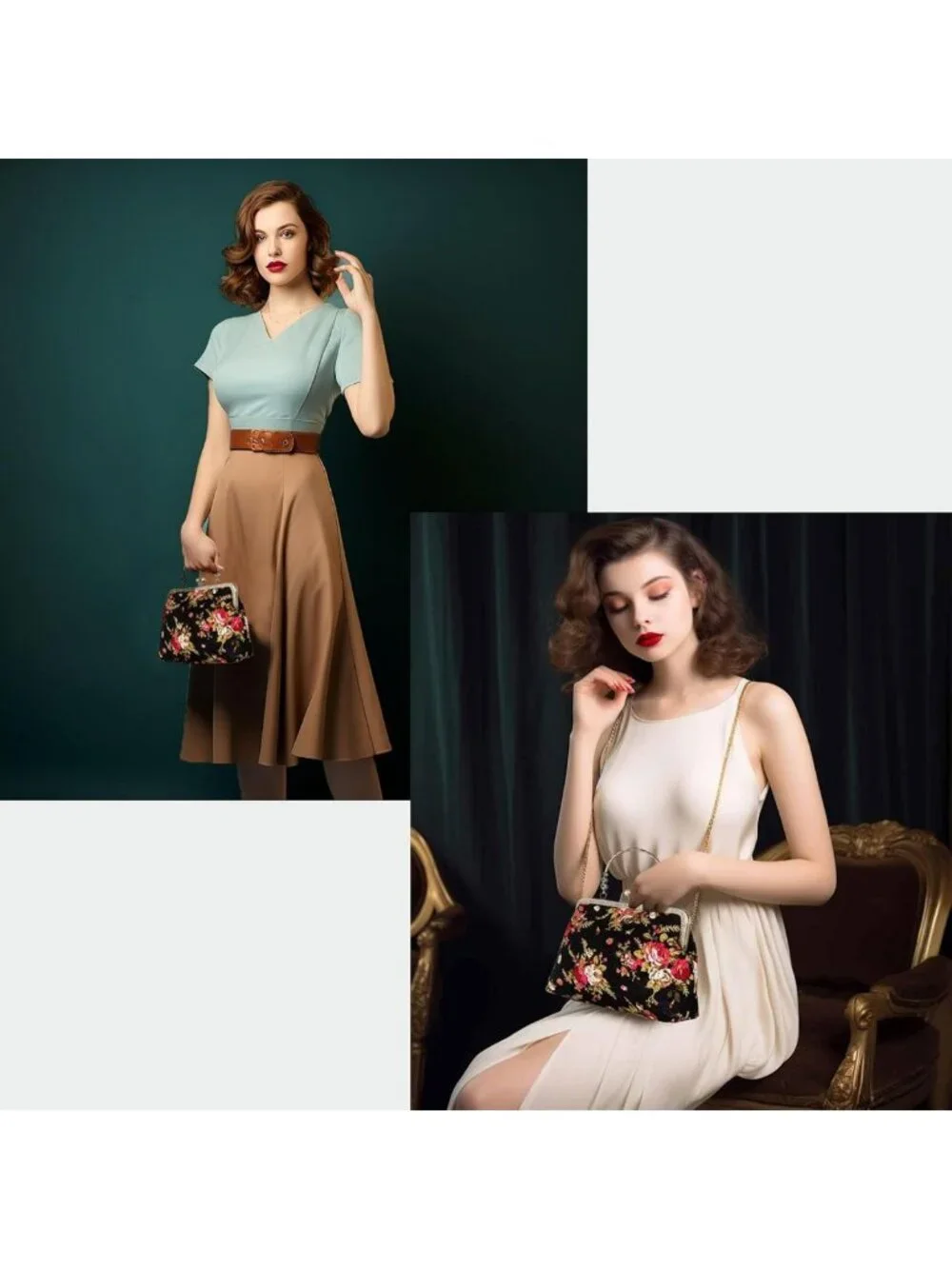 Vintage Floral Top-Handle Handbag, Kiss Lock Evening Bag for Women, Chic Purse
